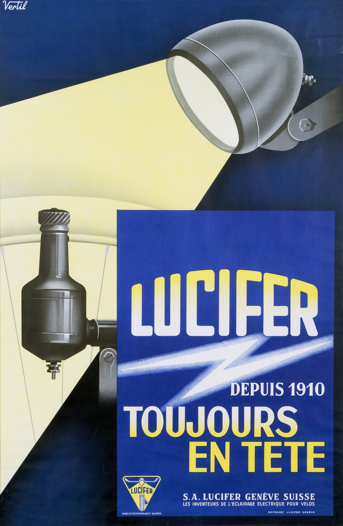 A silver bicycle headlamp casts a yellow beam across a deep blue ground beside a dynamo and bold Lucifer lettering.