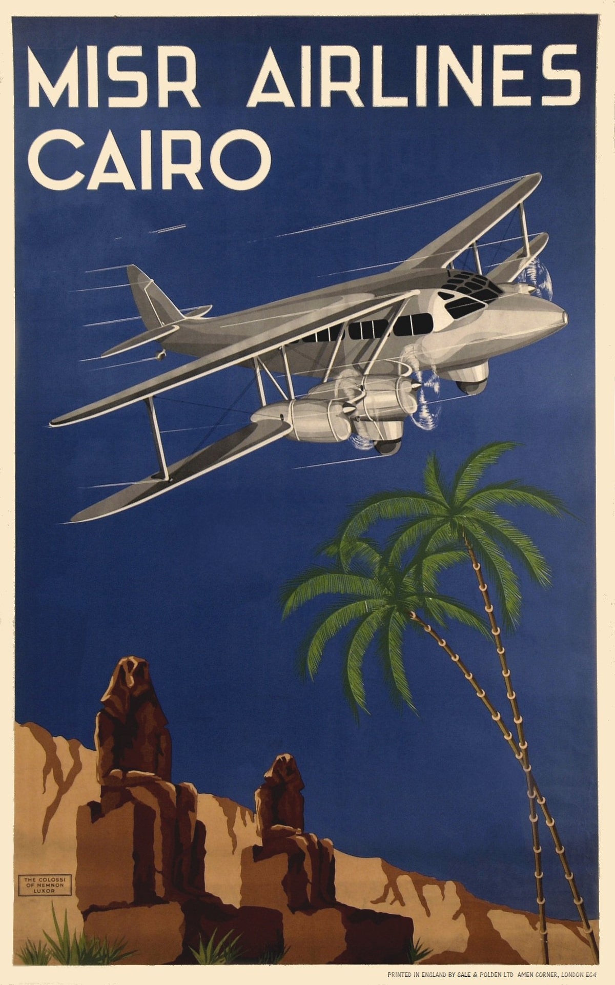 A silver biplane flies across a deep blue sky above palm trees and ancient Egyptian stone figures.