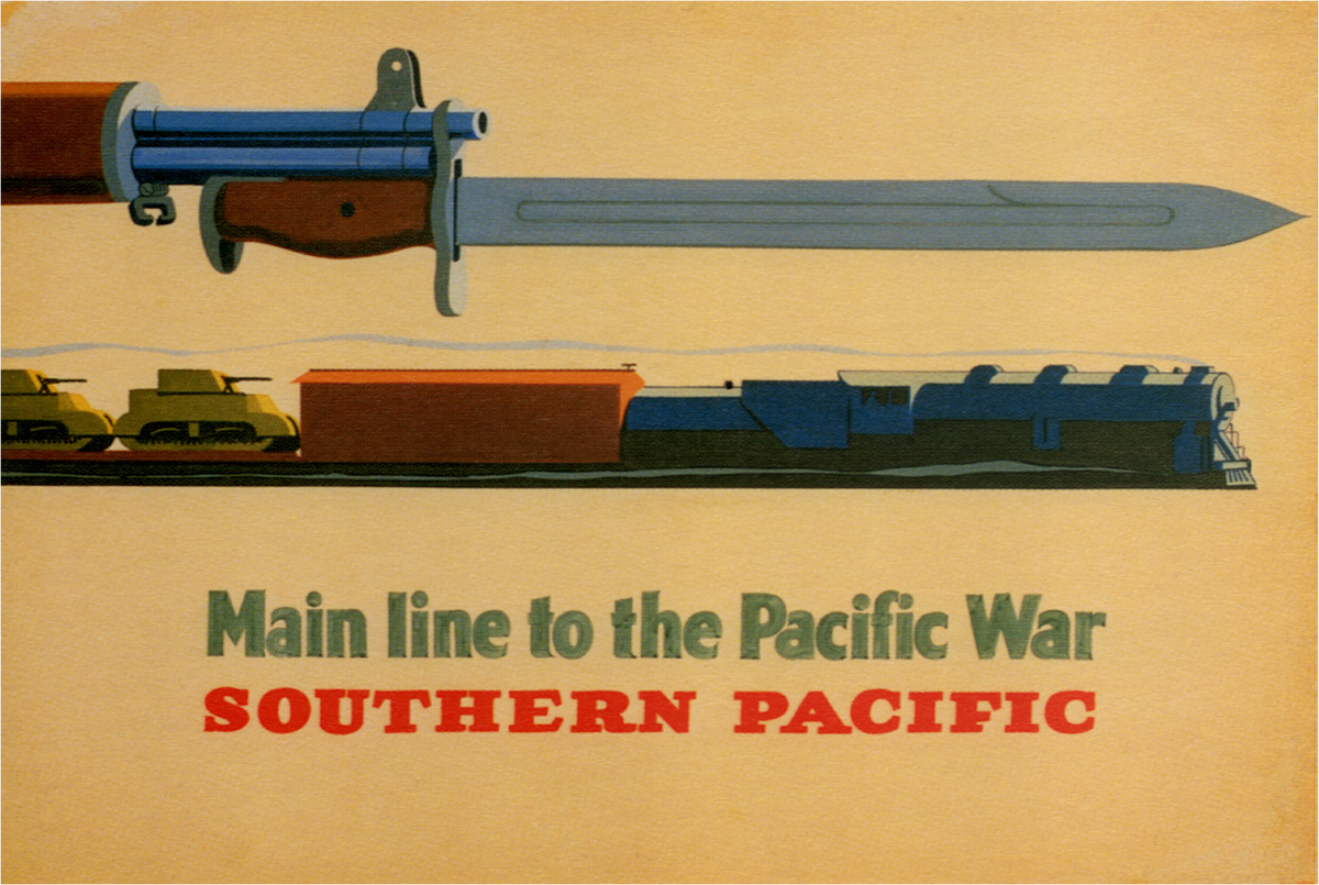 A long bayonet mirrors a freight train carrying military vehicles above green and red Southern Pacific lettering.