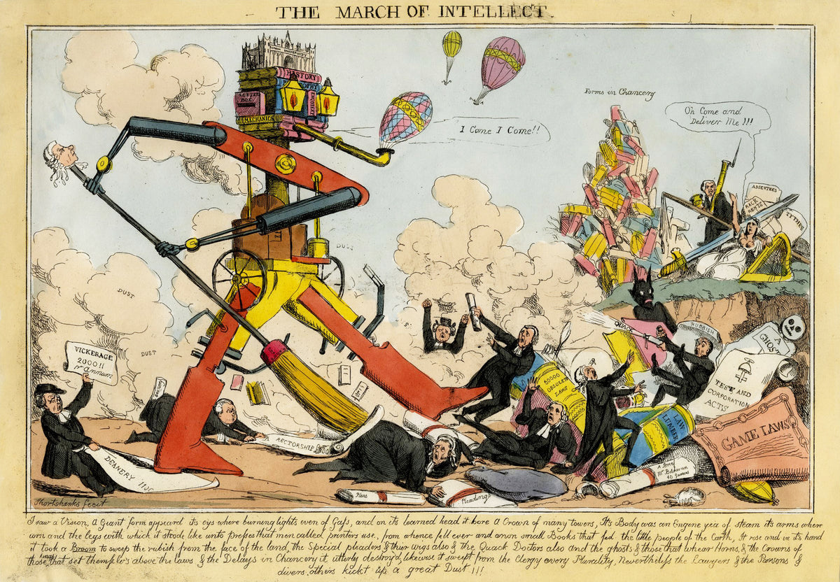 A towering mechanical figure strides through a chaotic scene of books, papers and startled people, with balloons overhead.