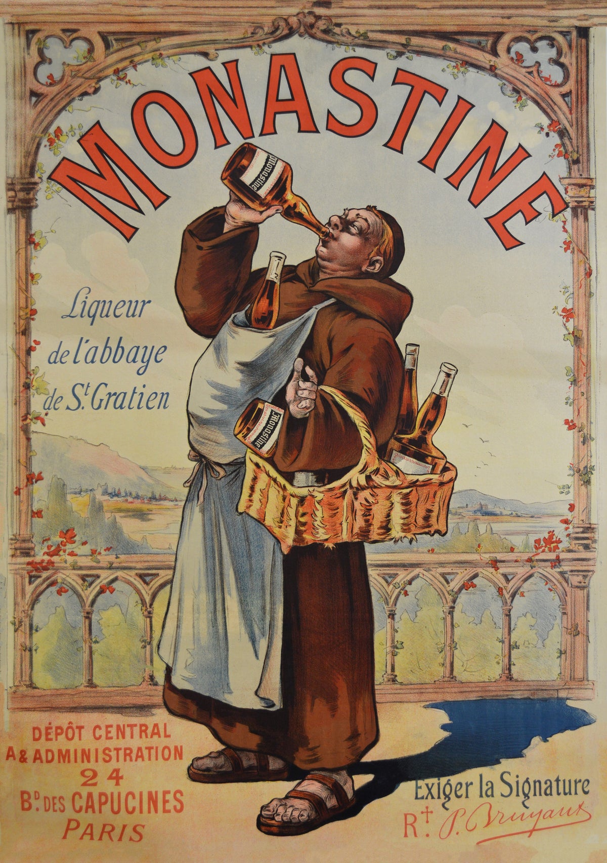 A monk drinks from a bottle while carrying more bottles in a wicker basket, framed by an ornate arch and a distant landscape.