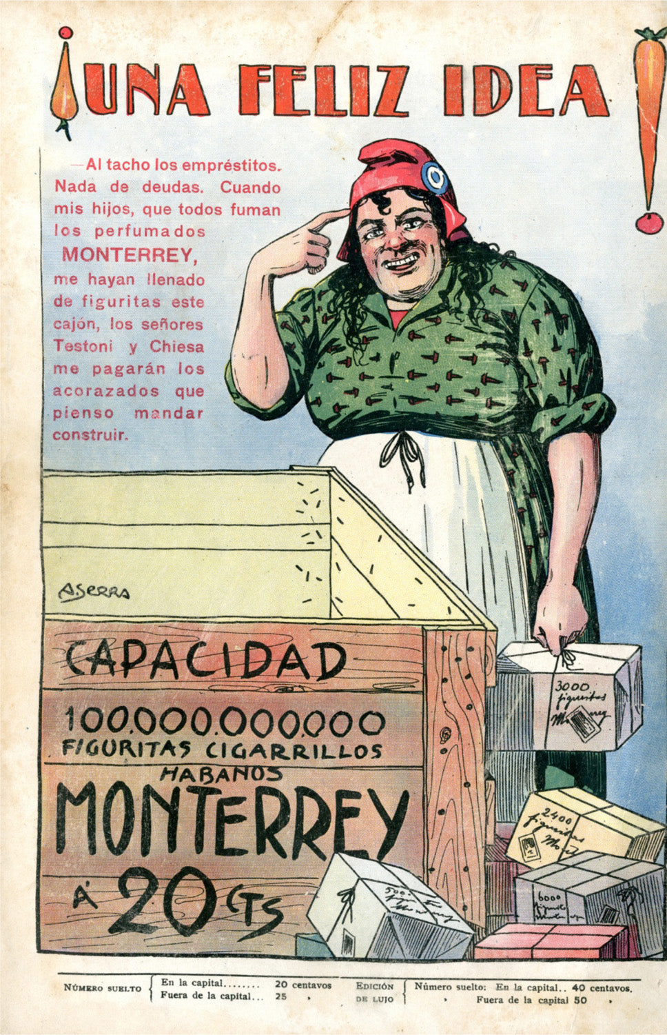 A cartoon figure in a red cap beside a large wooden crate and illustrated packets, with Spanish lettering.