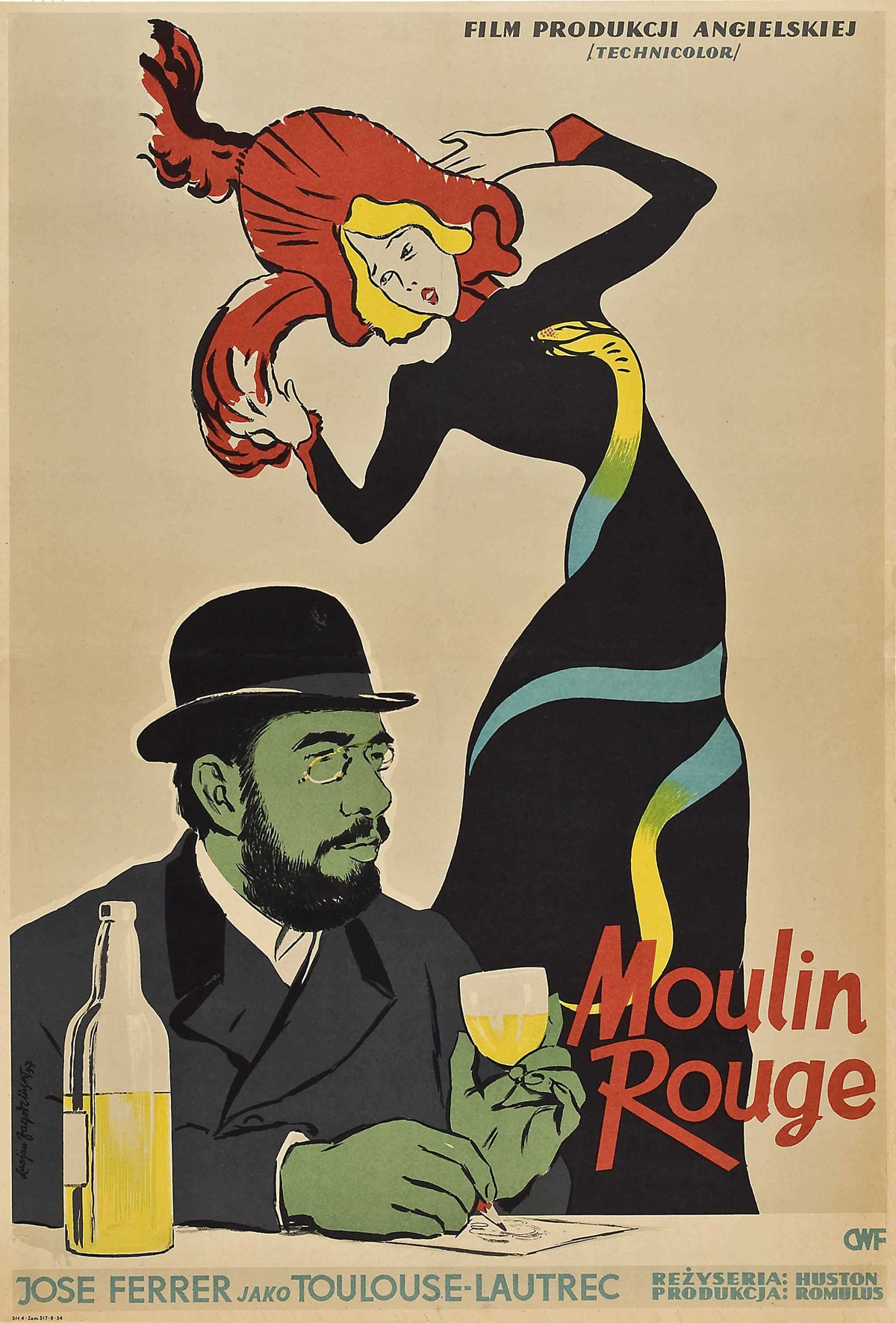 A red-haired dancer in a flowing black dress towers above a seated man in a bowler hat holding a glass, with red film lettering.