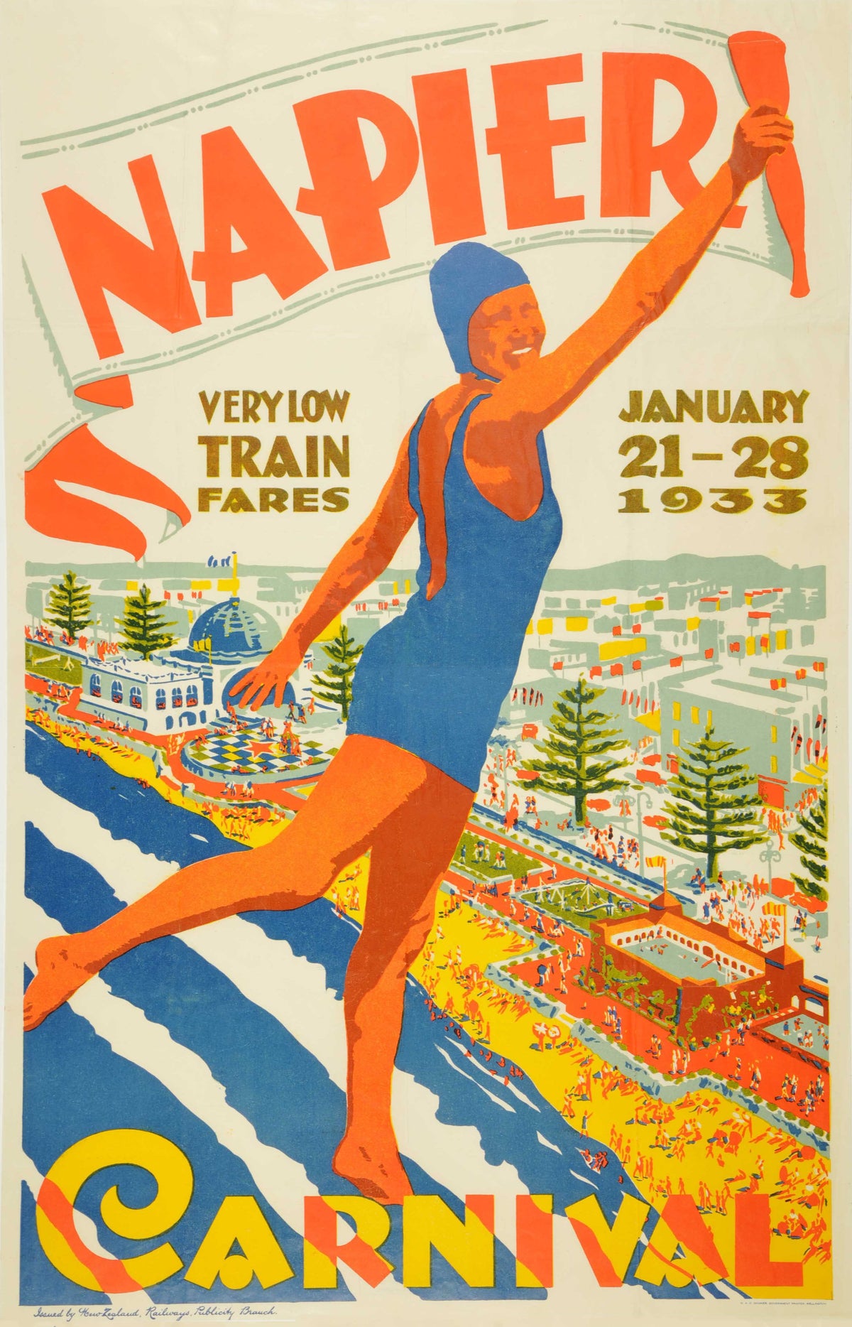 A smiling swimmer in a blue costume raises an orange paddle above a colourful seaside carnival and sweeping Napier lettering.