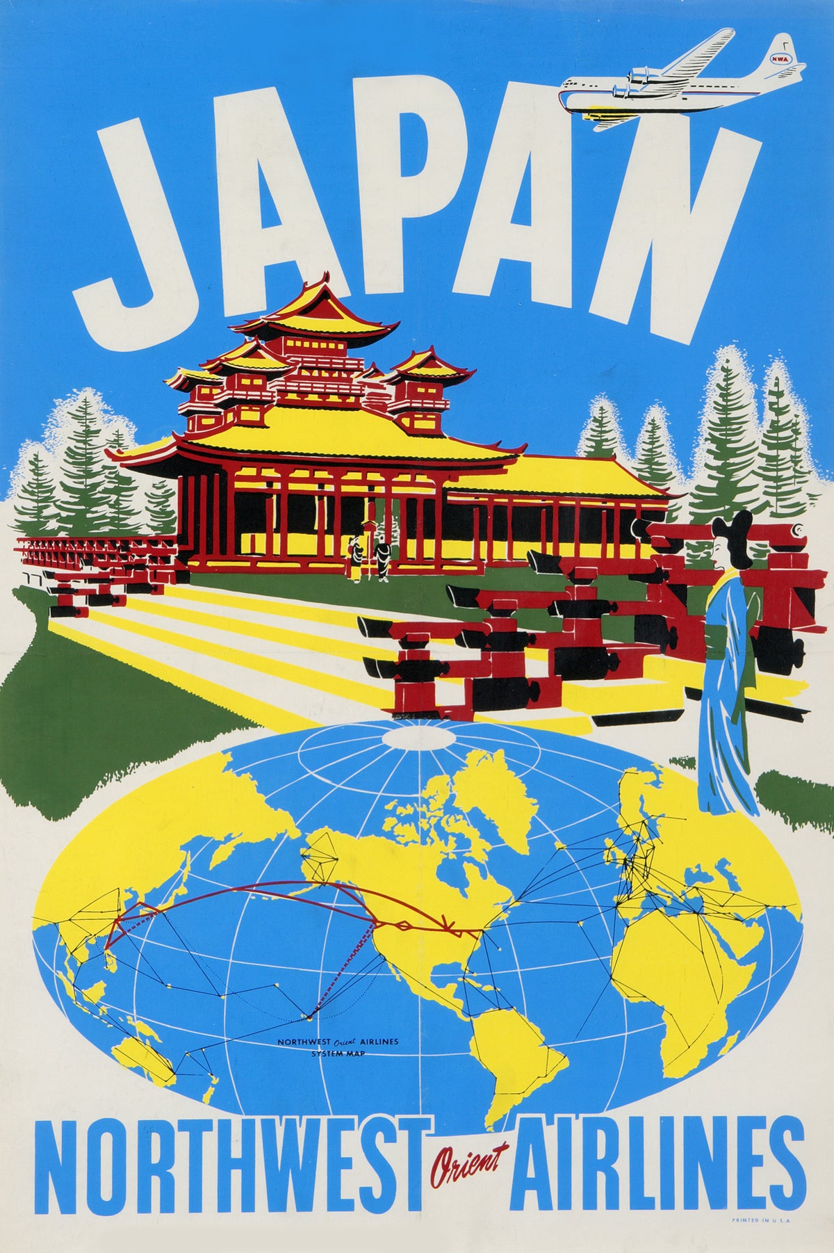 A red and yellow temple, a woman in a blue kimono and an airliner appear above a blue and yellow globe with airline routes.