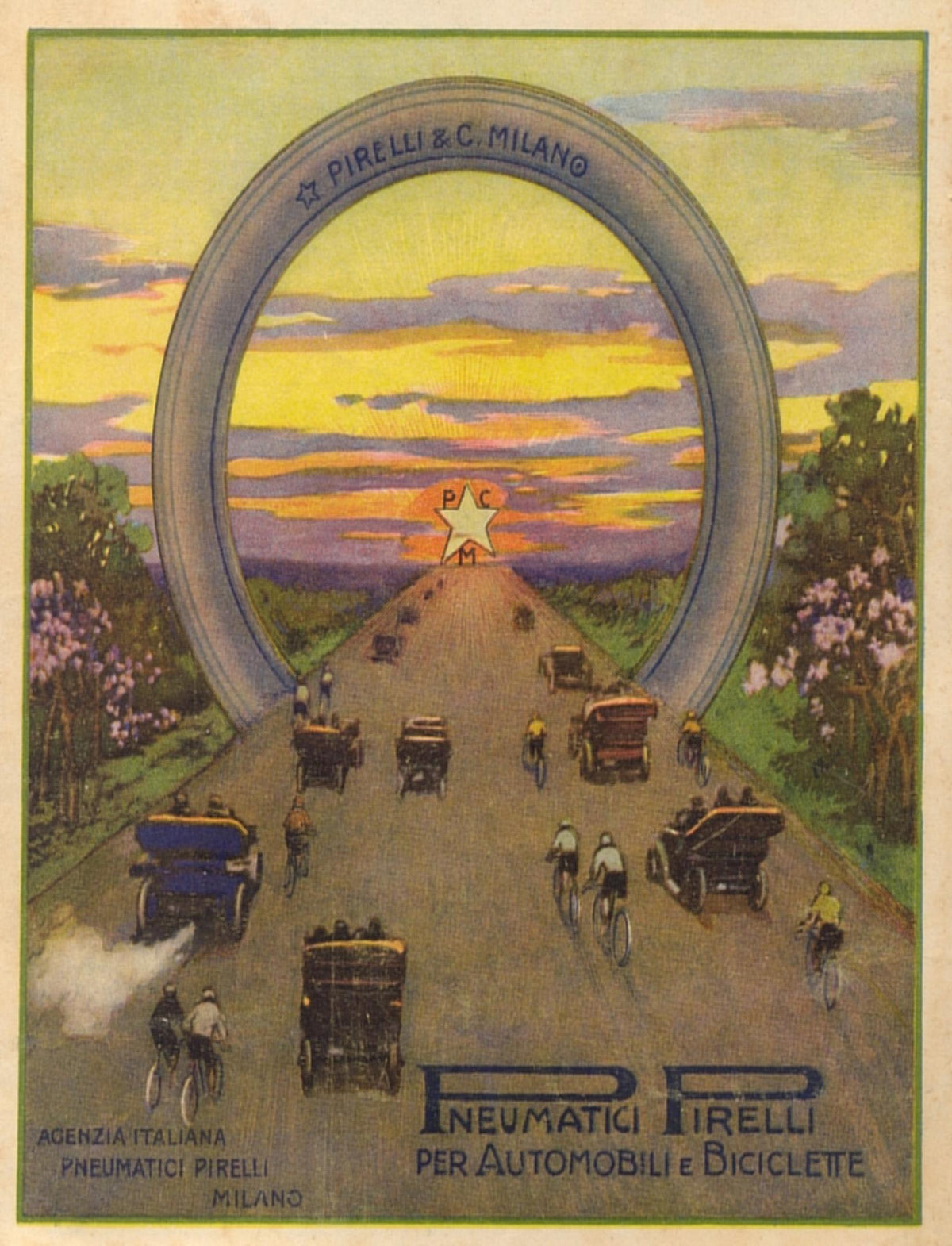 A giant tyre arches over a busy road filled with early motor cars and cyclists beneath a glowing yellow sky.