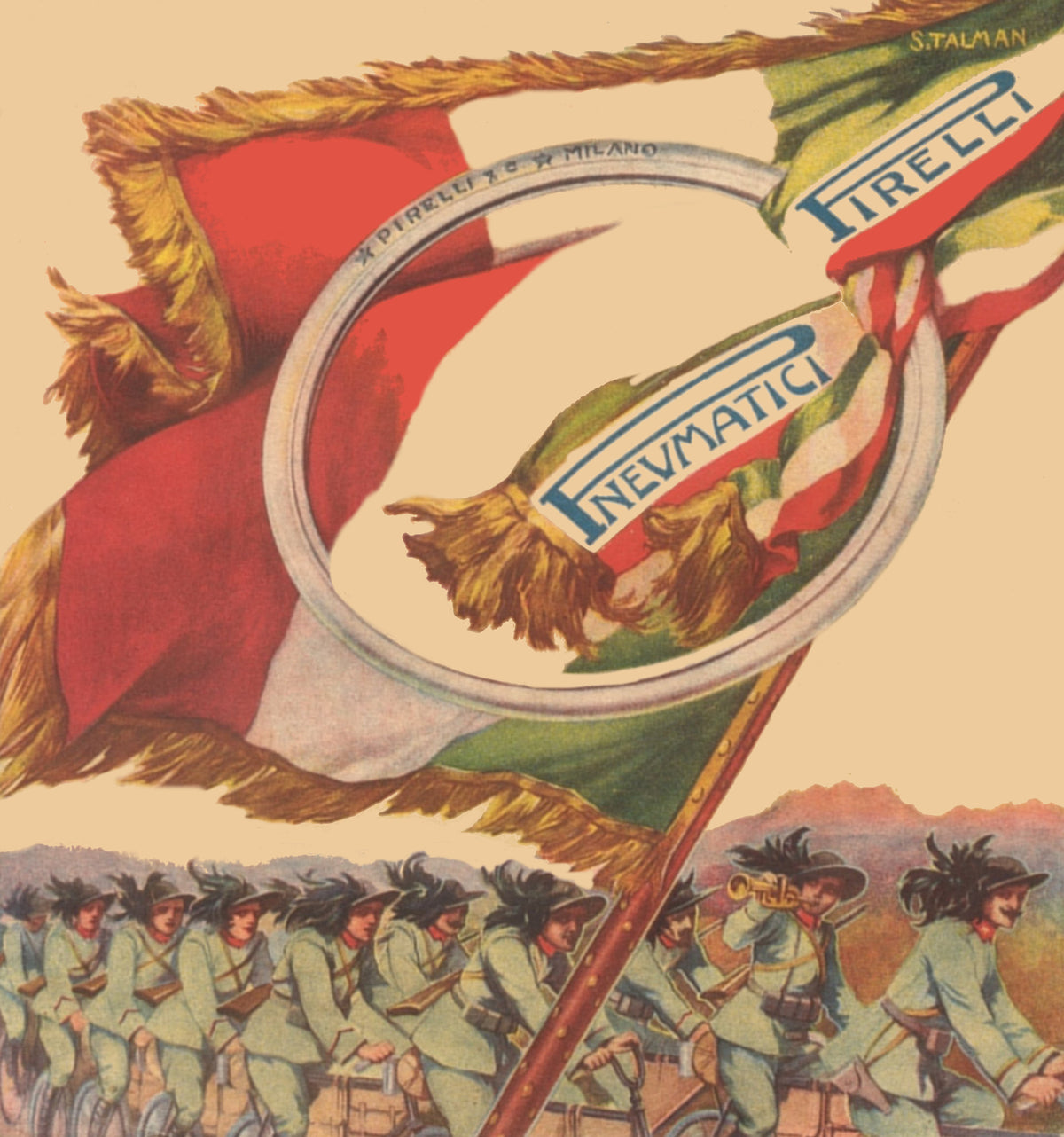 An oversized tyre frames an Italian flag above a procession of uniformed cyclists, with red, green and gold accents.