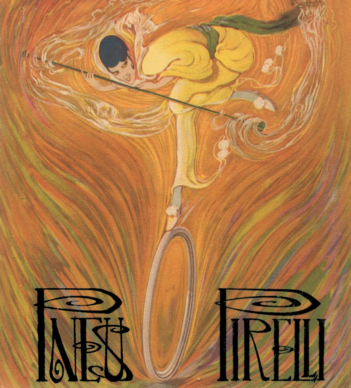 A dynamic yellow-clad figure balances on a wheel amid swirling orange lines above expressive black Pirelli lettering.