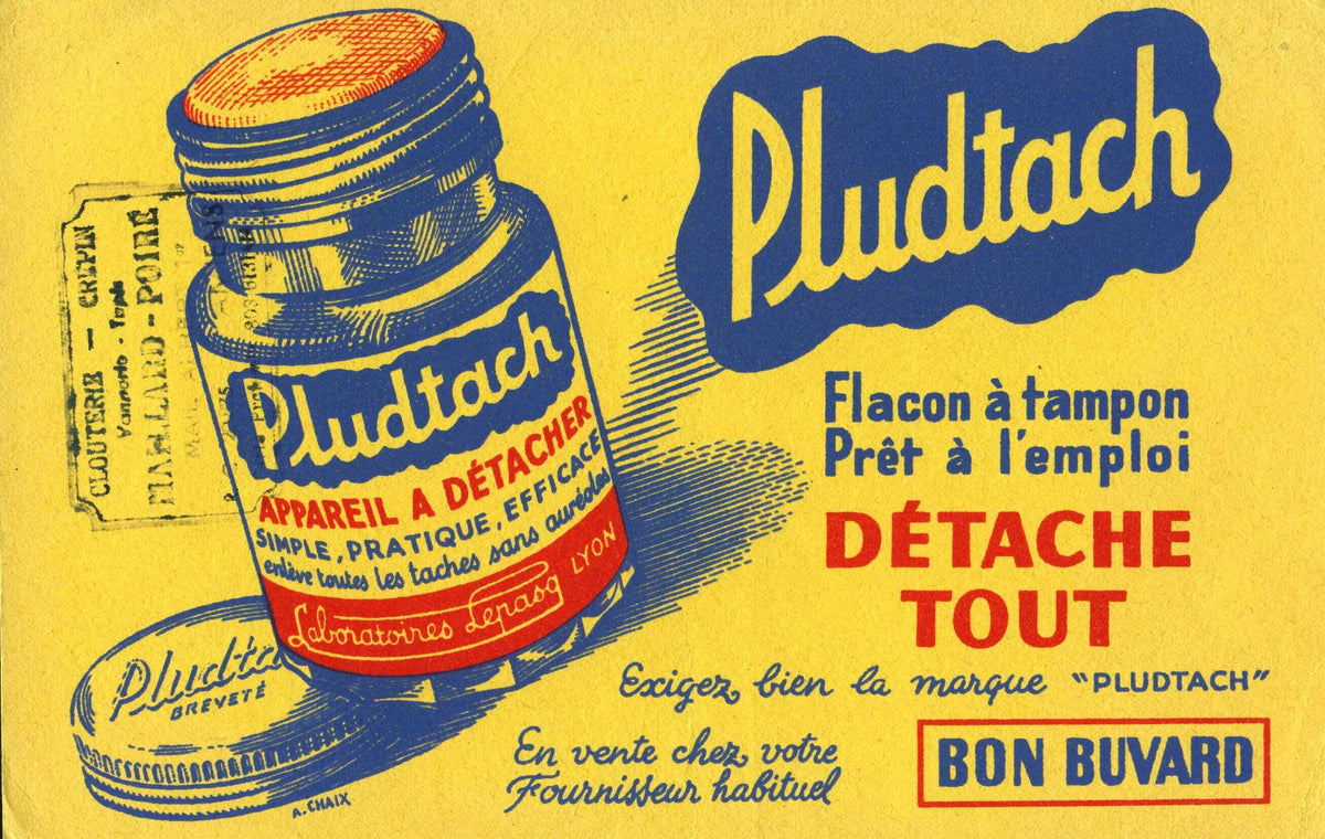 A blue and yellow bottle illustration sits beside bold French lettering on a bright yellow background.
