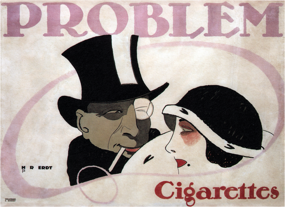 A top-hatted man with a monocle beside a woman in a black hat, framed by pale mauve lettering.