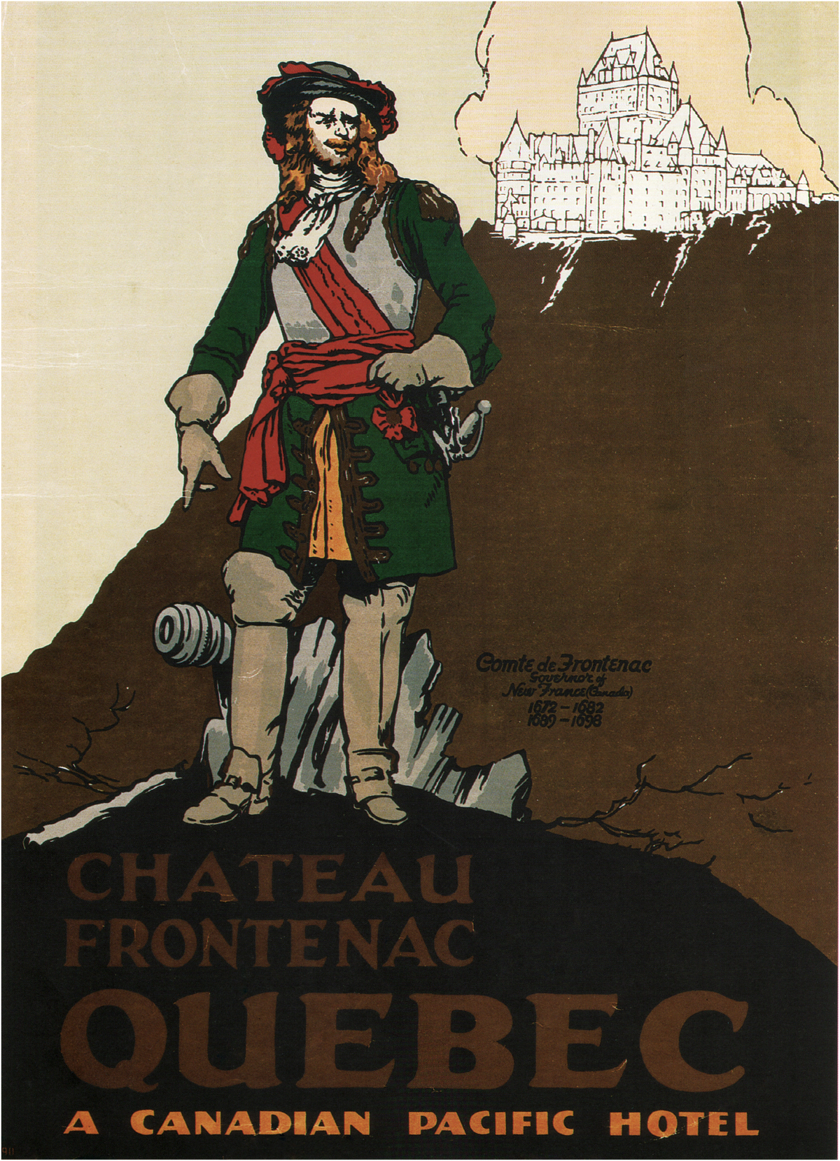 A historical figure stands beneath an outline of the Château Frontenac hotel in a restrained green, red and brown design.
