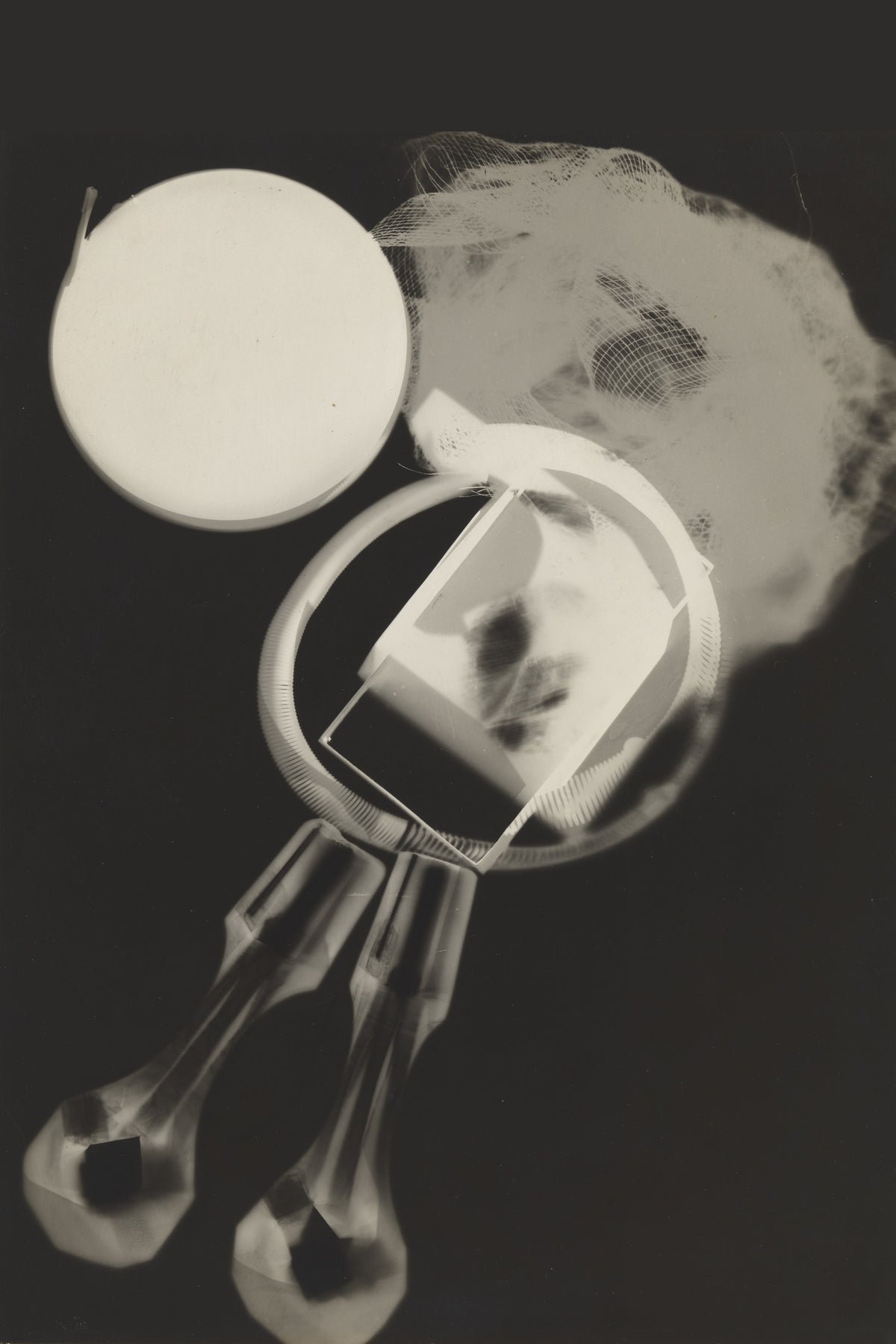 A pale disc, translucent mesh and a circular frame overlap above elongated glass-like silhouettes against black.