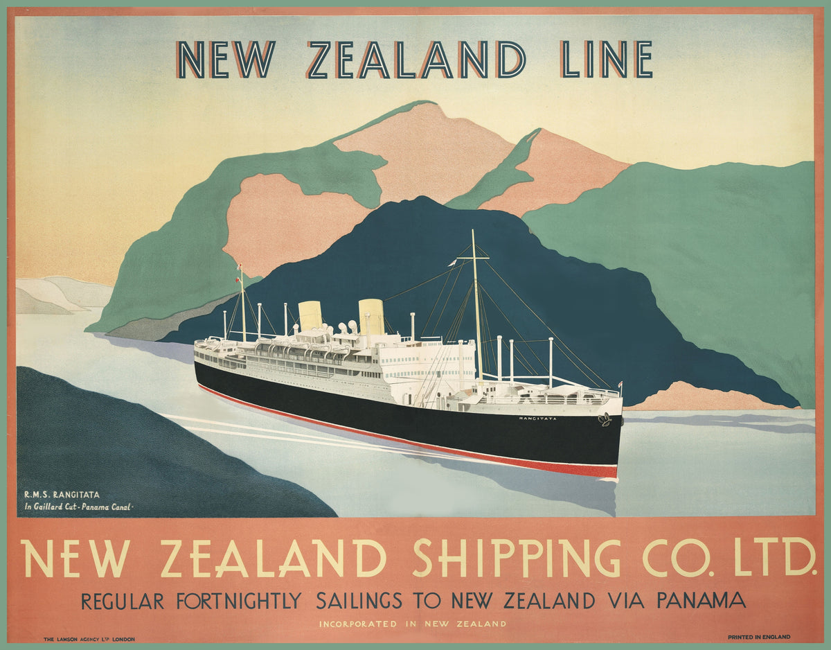 The black-hulled RMS Rangitata passes through a mountainous waterway above lettering advertising fortnightly sailings via Panama.
