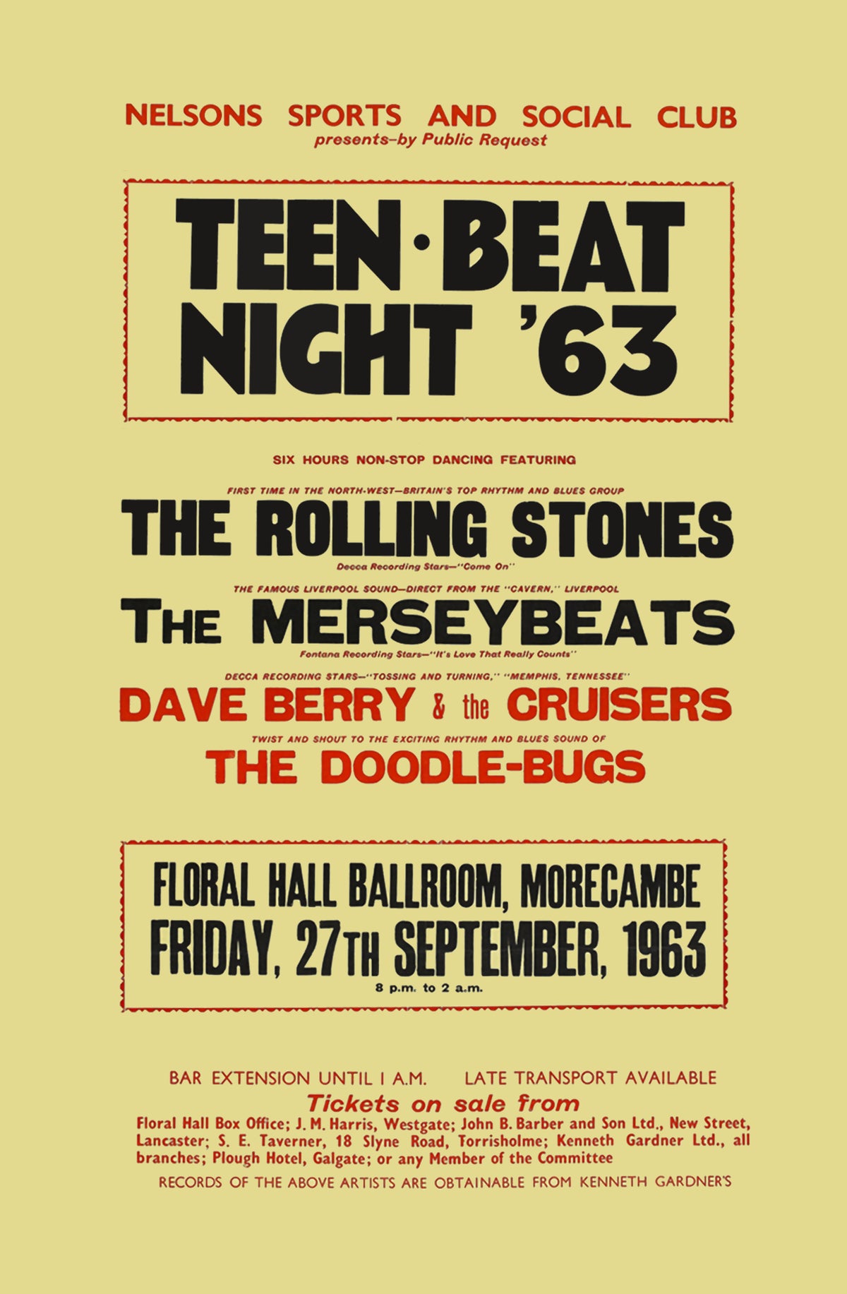 Bold black and red lettering on a pale yellow ground advertises the Rolling Stones, the Merseybeats and other acts at the Flo