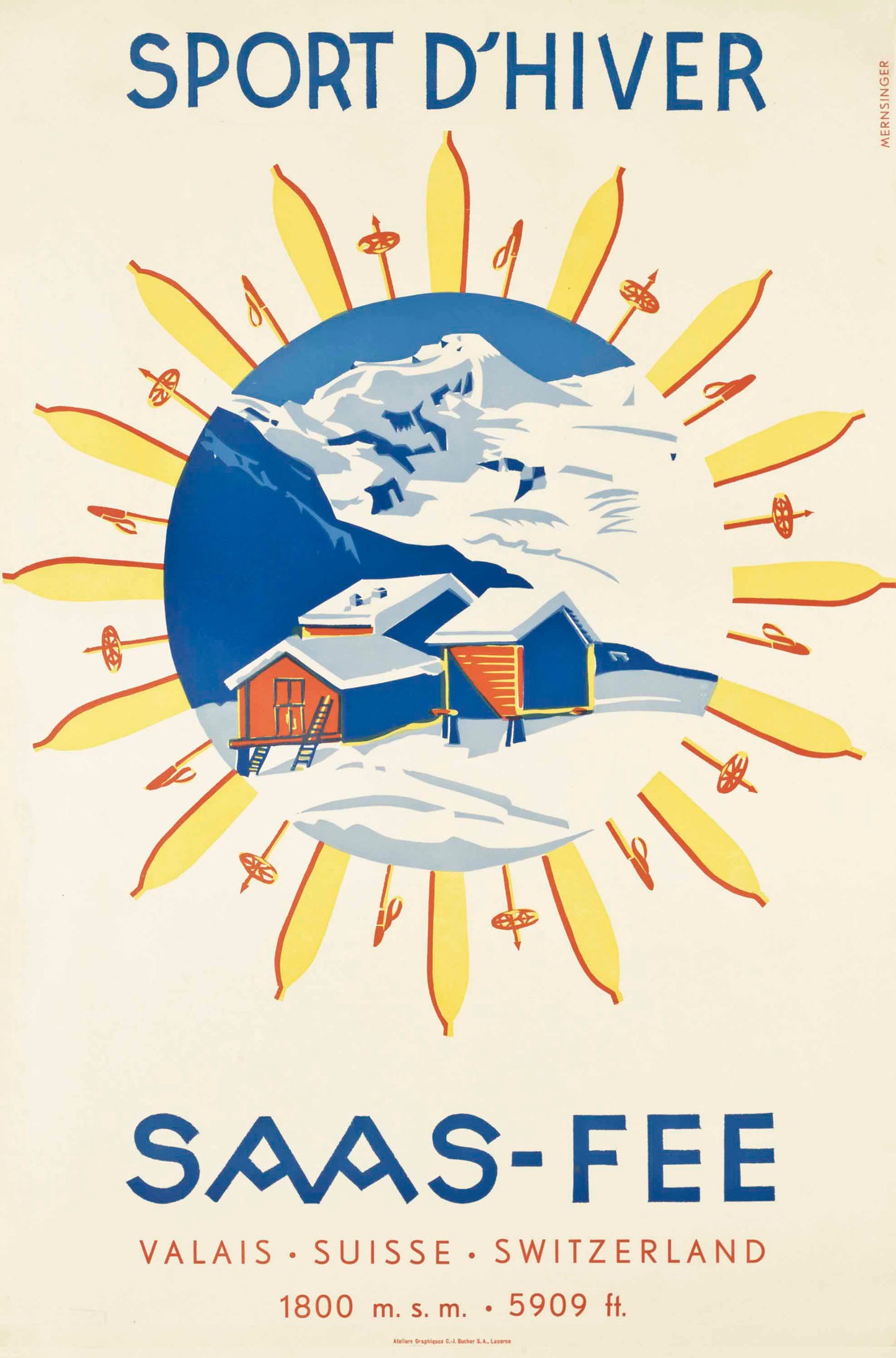 Vintage Ski poster Saas Fe,Switzerland c1930