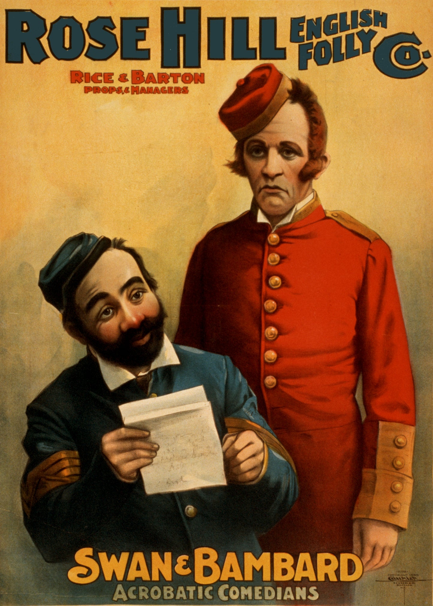 Vintage Advertising Poster - The Rose Hill English Folly Company Swan & Bambard Acrobatric Comedians c1899