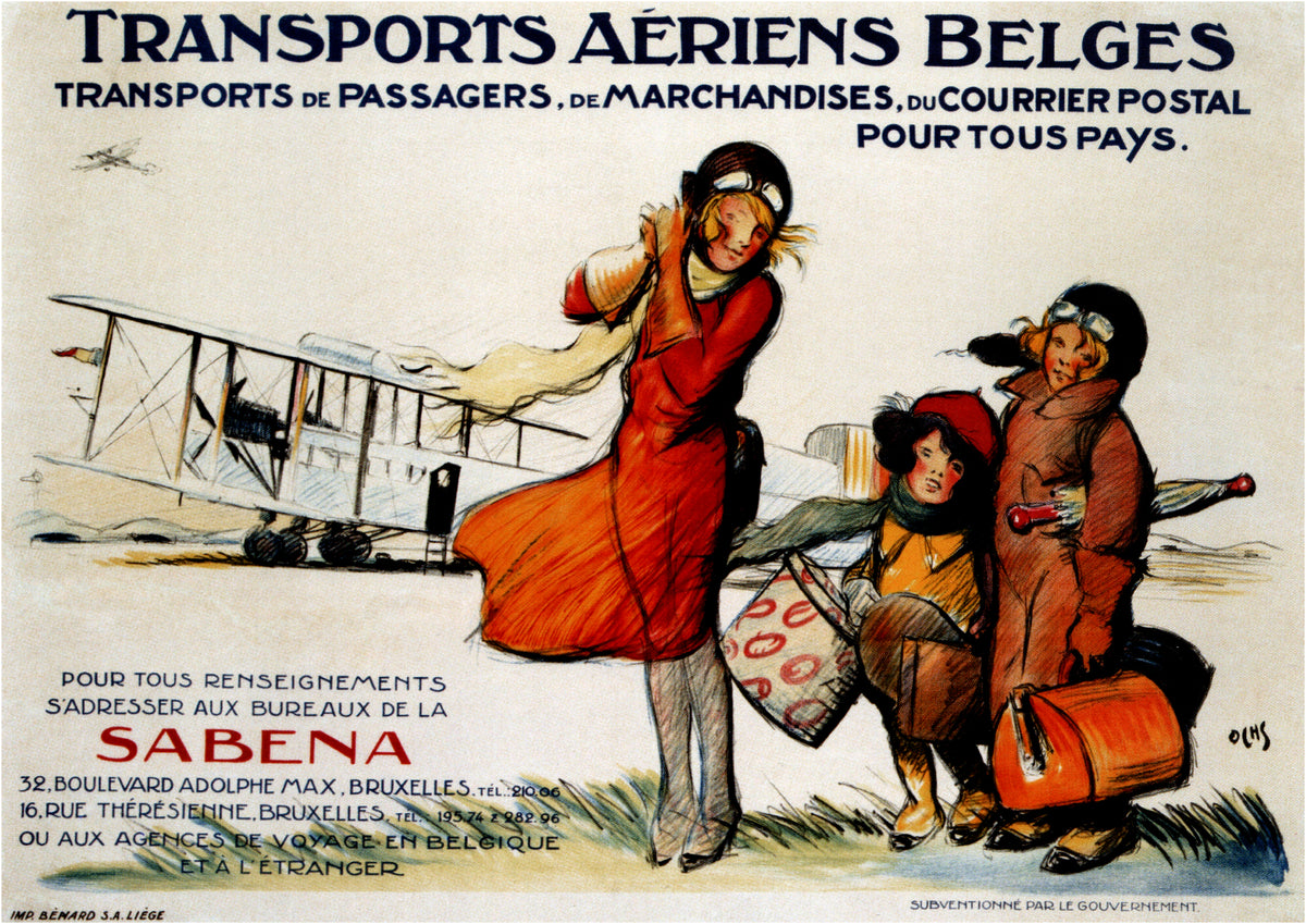 Three travellers in flying attire with luggage beside a biplane and Sabena lettering.