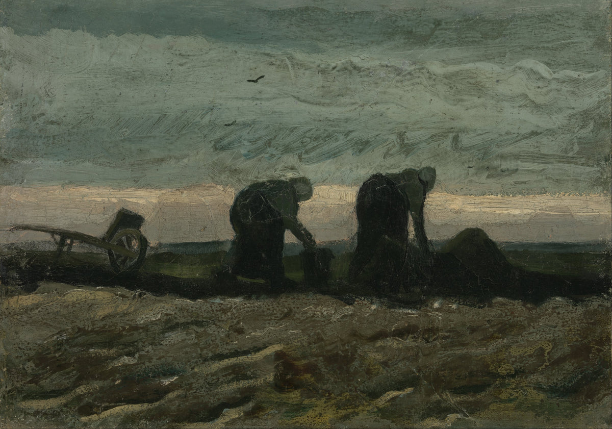 Two dark-clothed figures bend over the ground beside a wooden barrow beneath a brooding grey-green sky.