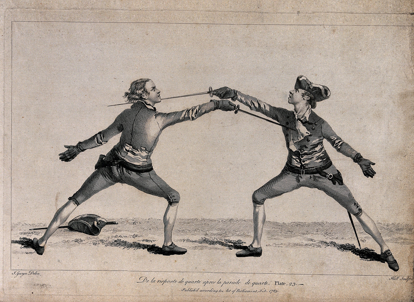 Sword fighting / fencing French vintage print c1765