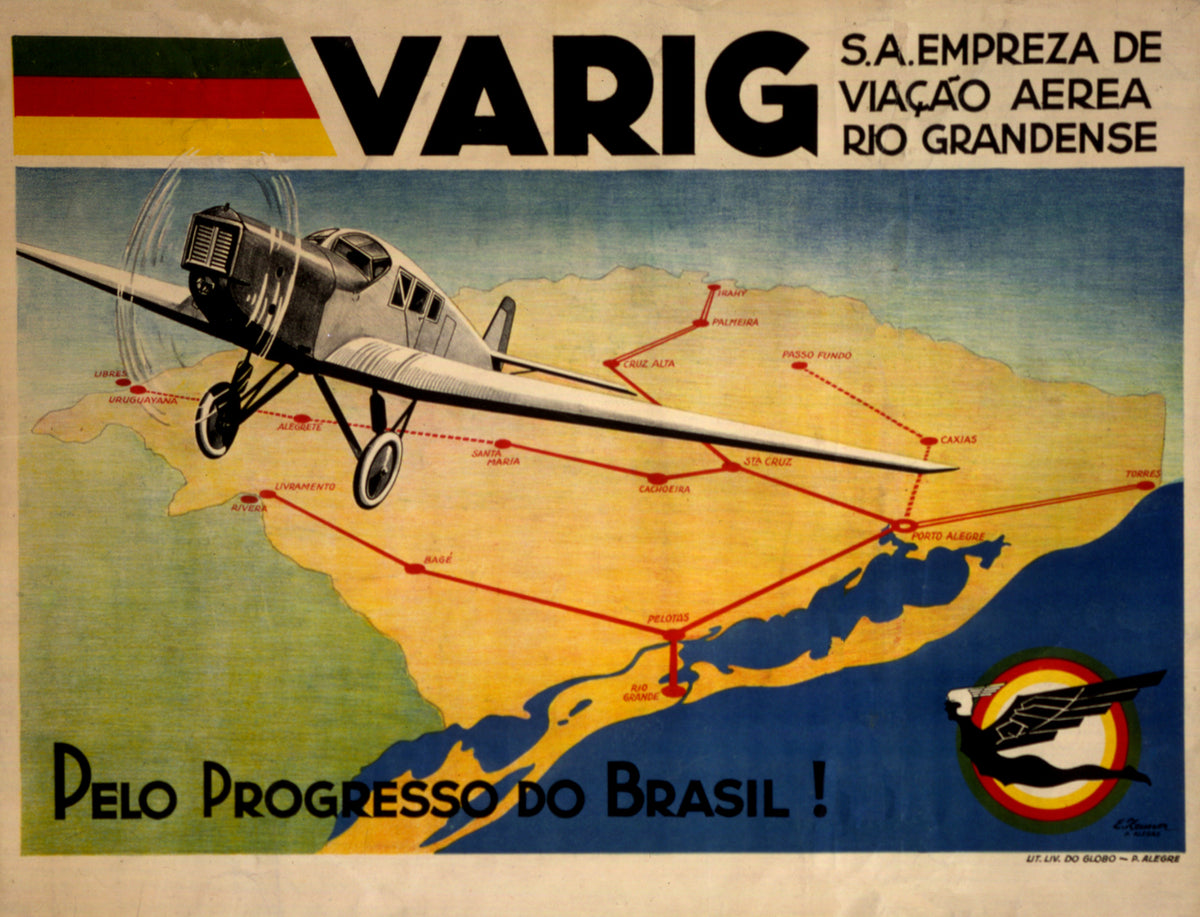 A propeller aircraft crosses a map of southern Brazil with red route lines and bold VARIG lettering.