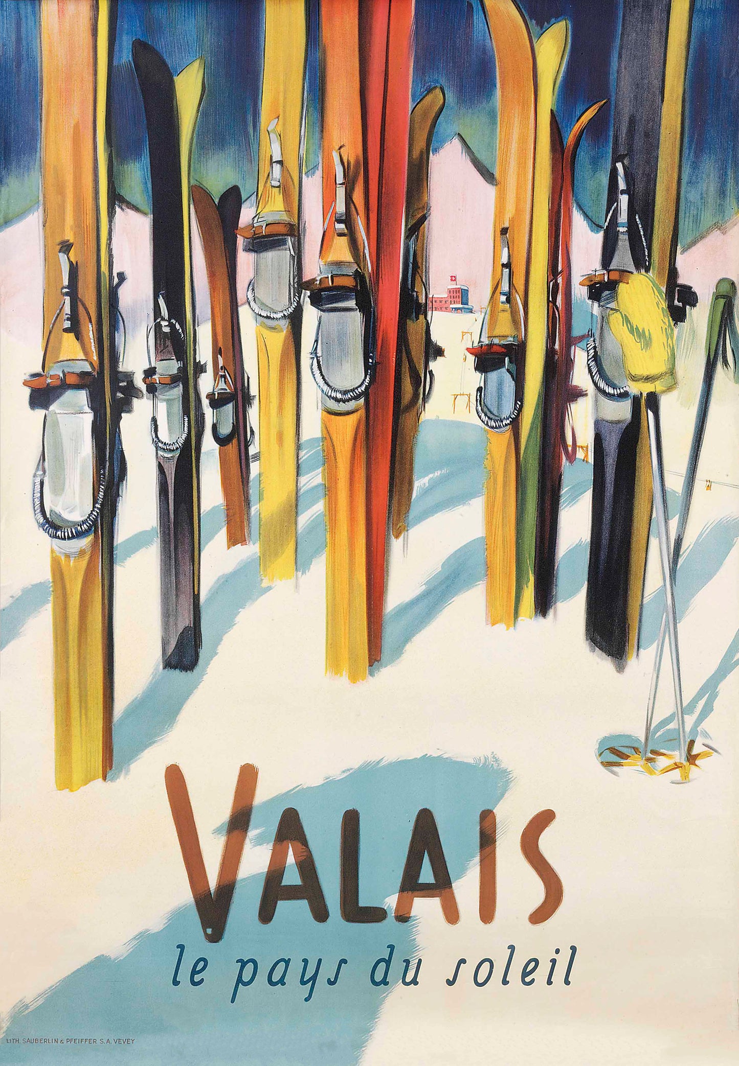 Vintage Ski poster Valais Switzerland c1949