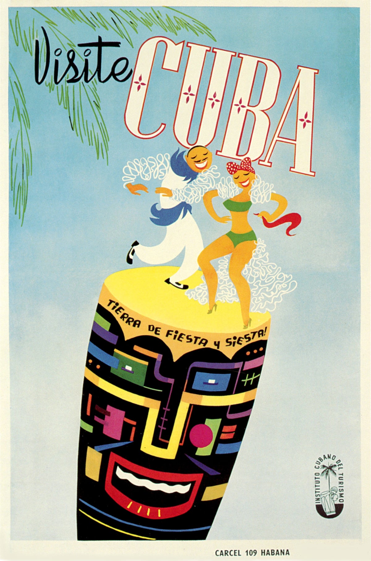 Two cheerful dancers stand on a colourful decorated drum beneath palm fronds and oversized Cuba lettering.