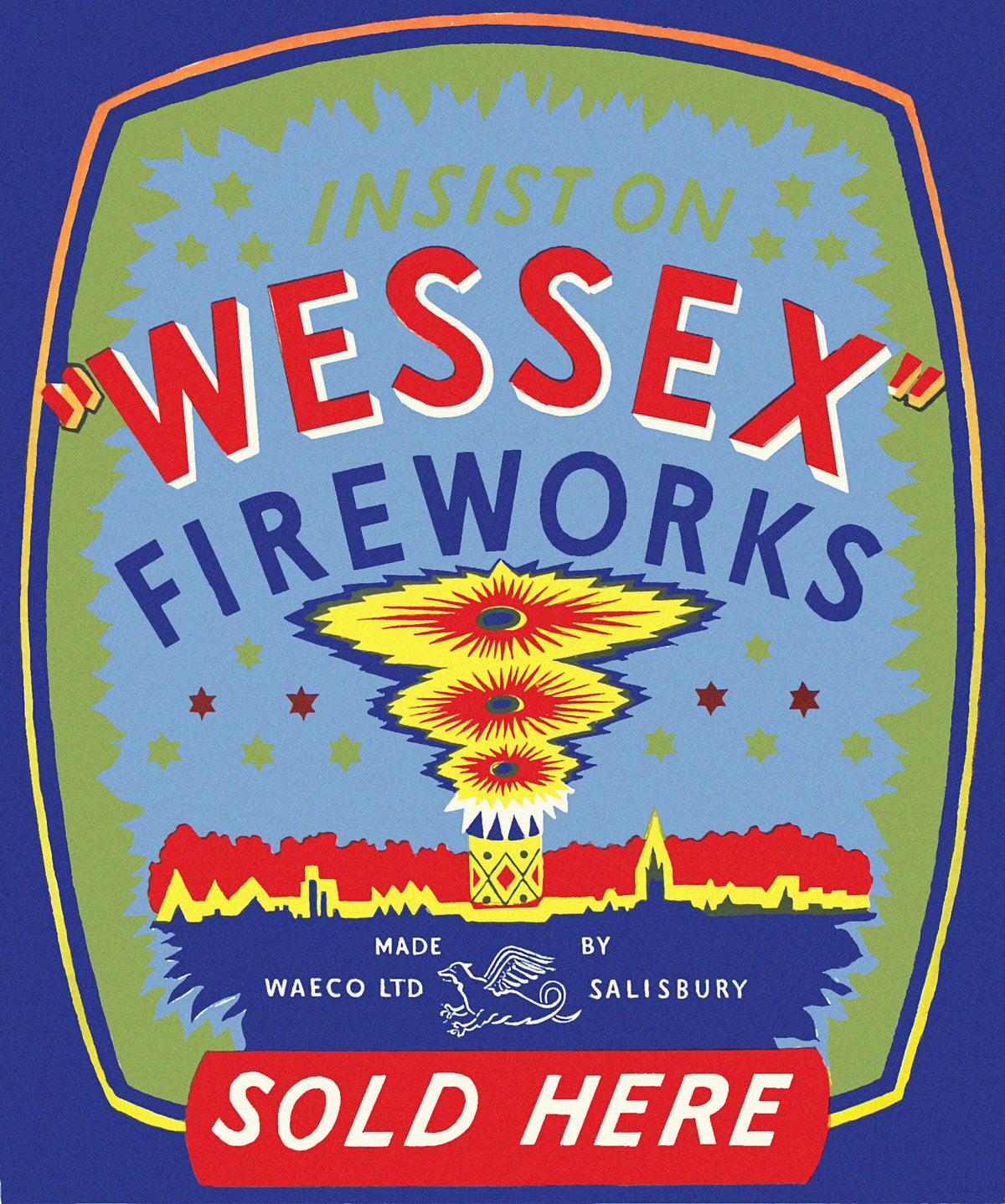 Red Wessex lettering and stylised yellow fireworks stand out against a blue and green background above a Salisbury skyline.