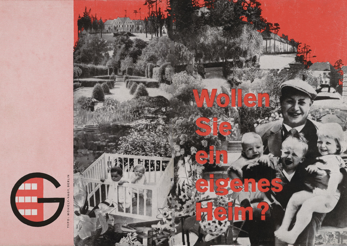 Red and black photomontage of a family and gardens with German lettering.