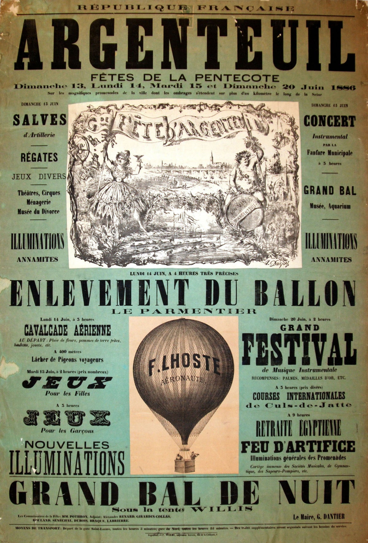A balloon marked F. Lhoste appears among ornate festival illustrations and bold green and black French typography.