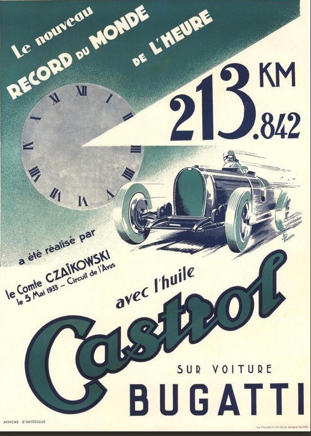Vintage Advertising Poster -  Bugatti/Castrol garage/automobile, 1923