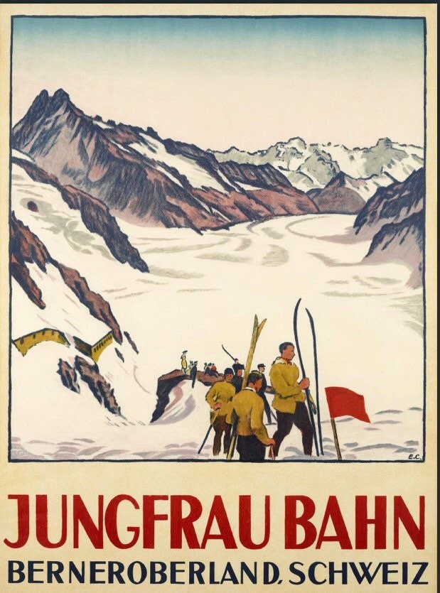 Vintage Advertising Poster - Jungfrau Bahn, Swiss Winter Sports 1900s