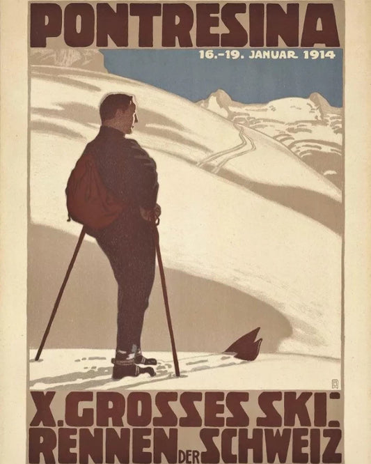 Vintage Advertising Poster - Swiss Ski Resort, Pontresina, 1914