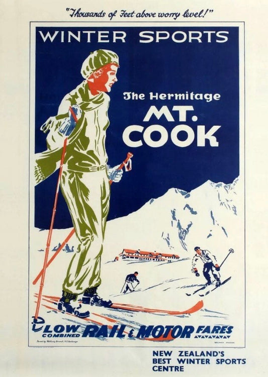 Vintage Travel Poster - Ski Resort, Mount Cook,New Zealand 1936