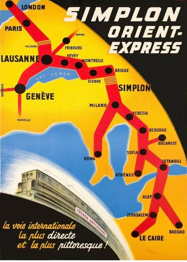 Vintage Travel Print - Orient Express, London to Italy, Switzerland Iraq, Israel, c1947