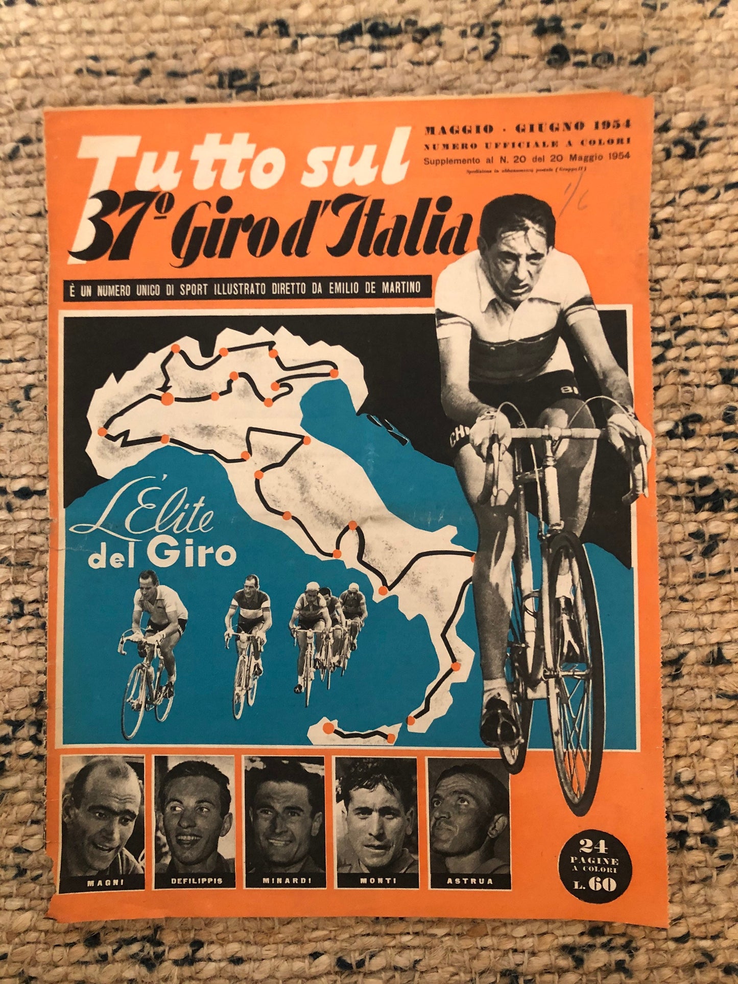 Vintage Cycling Print - Fausto Coppi Bianchi Italian, Original 1954