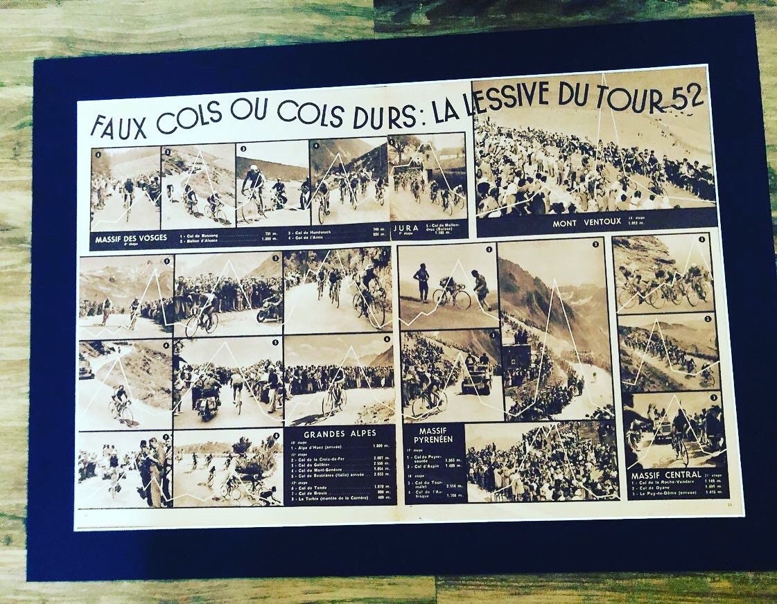 Vintage Cycling Print - Tour de France, Alps Map, Original 1952