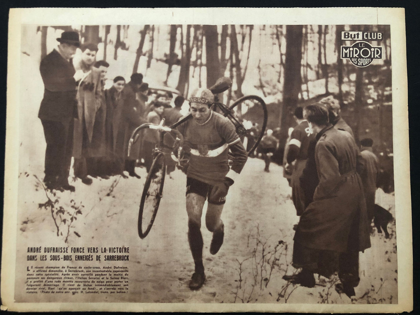 Vintage Winter Cycling Print (French) - Andre Dufraisse, Terrot Bicycle, Original 1950s