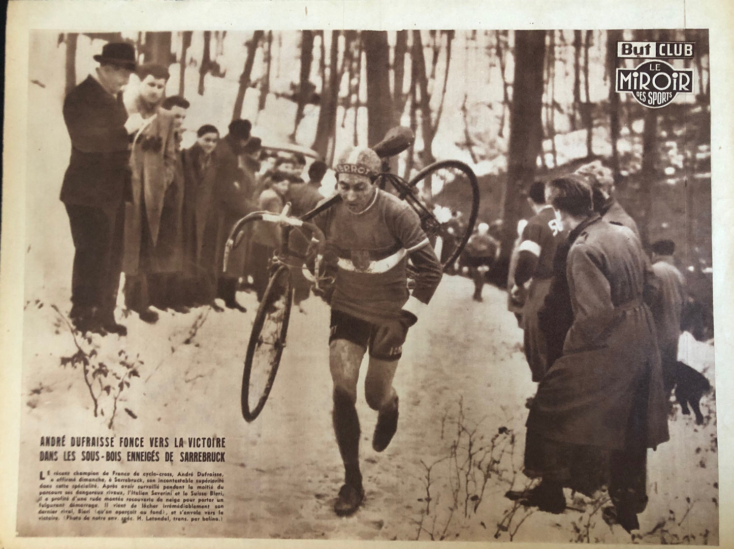 Vintage Winter Cycling Print (French) - Andre Dufraisse, Terrot Bicycle, Original 1950s