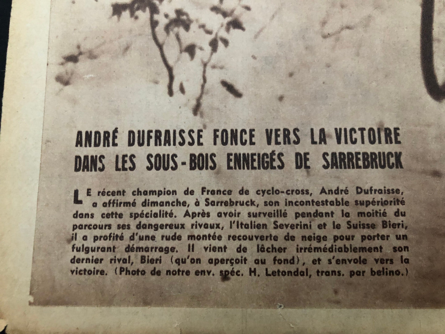 Vintage Winter Cycling Print (French) - Andre Dufraisse, Terrot Bicycle, Original 1950s