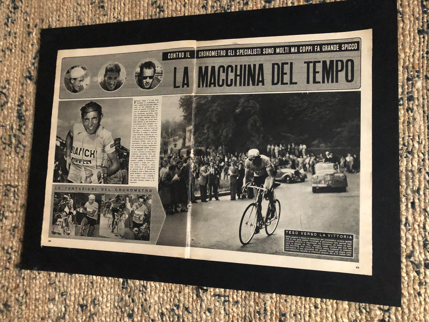 Vintage Cycling Print - 'Il Macchina del Tempo', Fausto Coppi, Bianchi Original, 1953