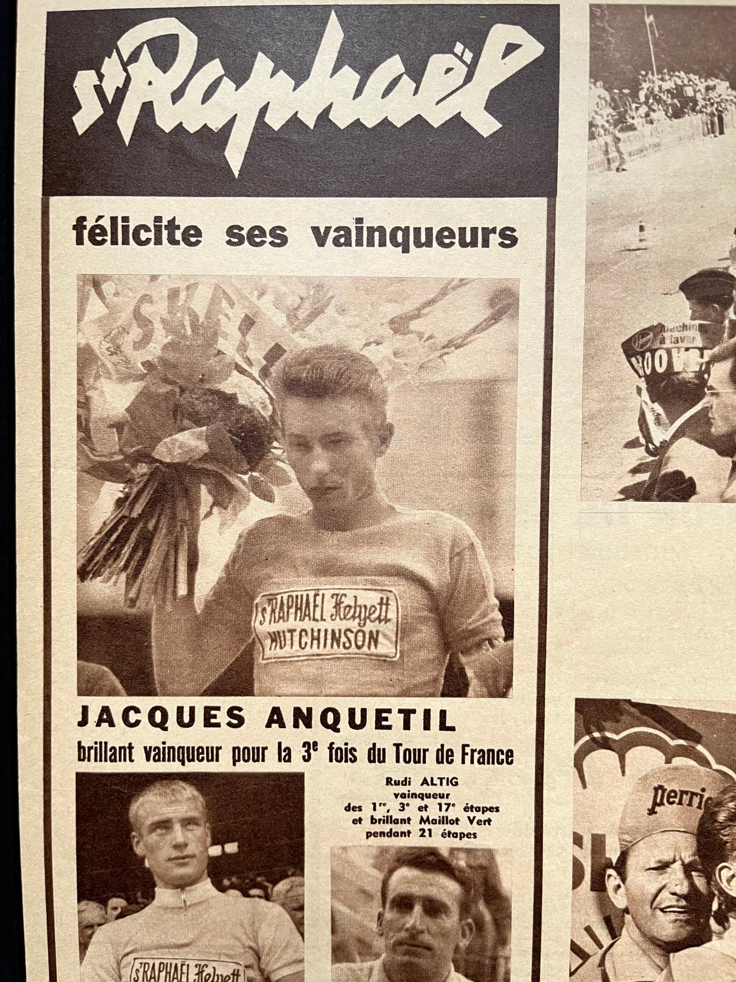 Vintage Cycling Print - Jacques Anquetil/St Raphael Cycling Team, Tour de France, Original 1962