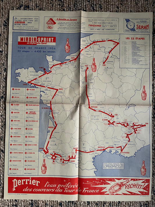 Vintage Cycling Print - Tour de France, Perrier Route Map, Original 1956