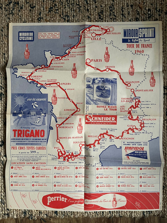 Vintage Cycling Print - Tour de France, Perrier Map, Original 1960