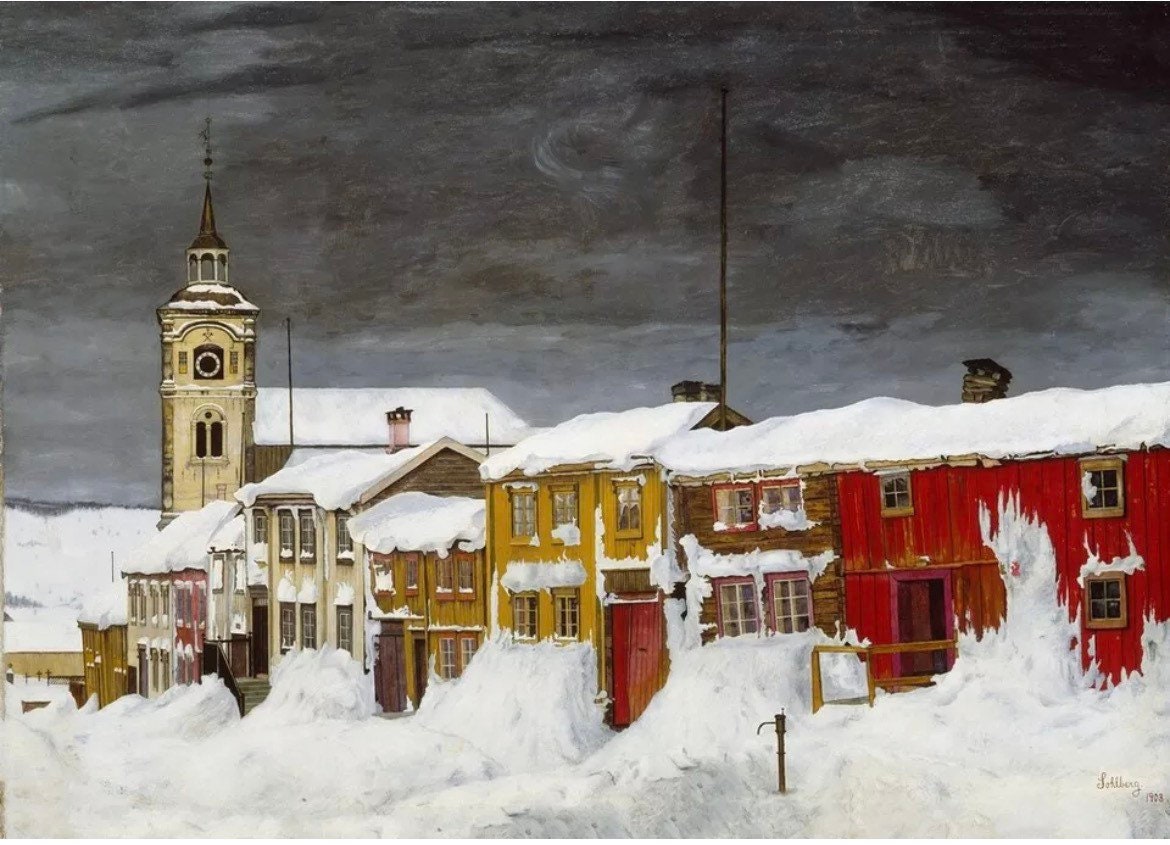 Vintage Scandi Painting Repro - Winter Street in Roros, Norway, Harald Sohlberg, c1903