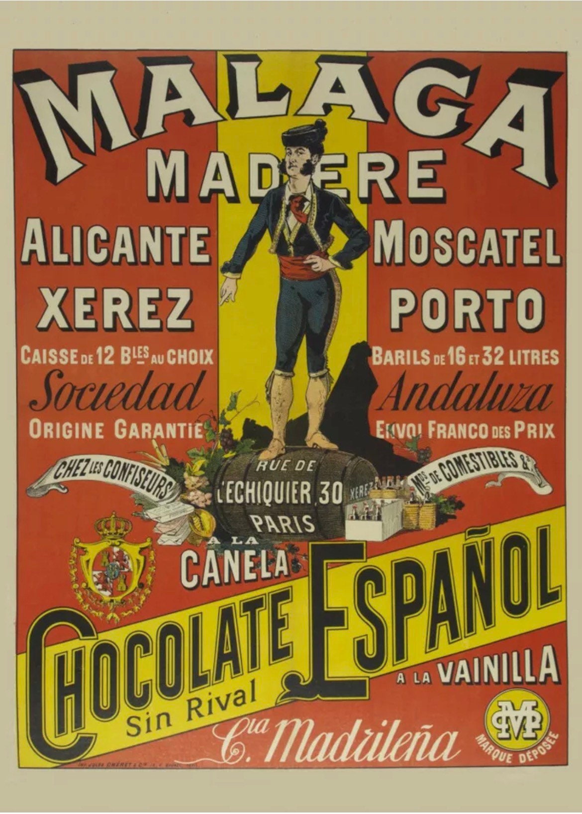 Vintage Advertising Poster - Malaga Madere, Chocolate Espanol, Porto c1910