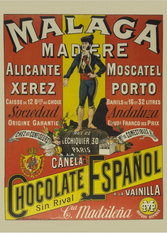Vintage Advertising Poster - Malaga Madere, Chocolate Espanol, Porto c1910