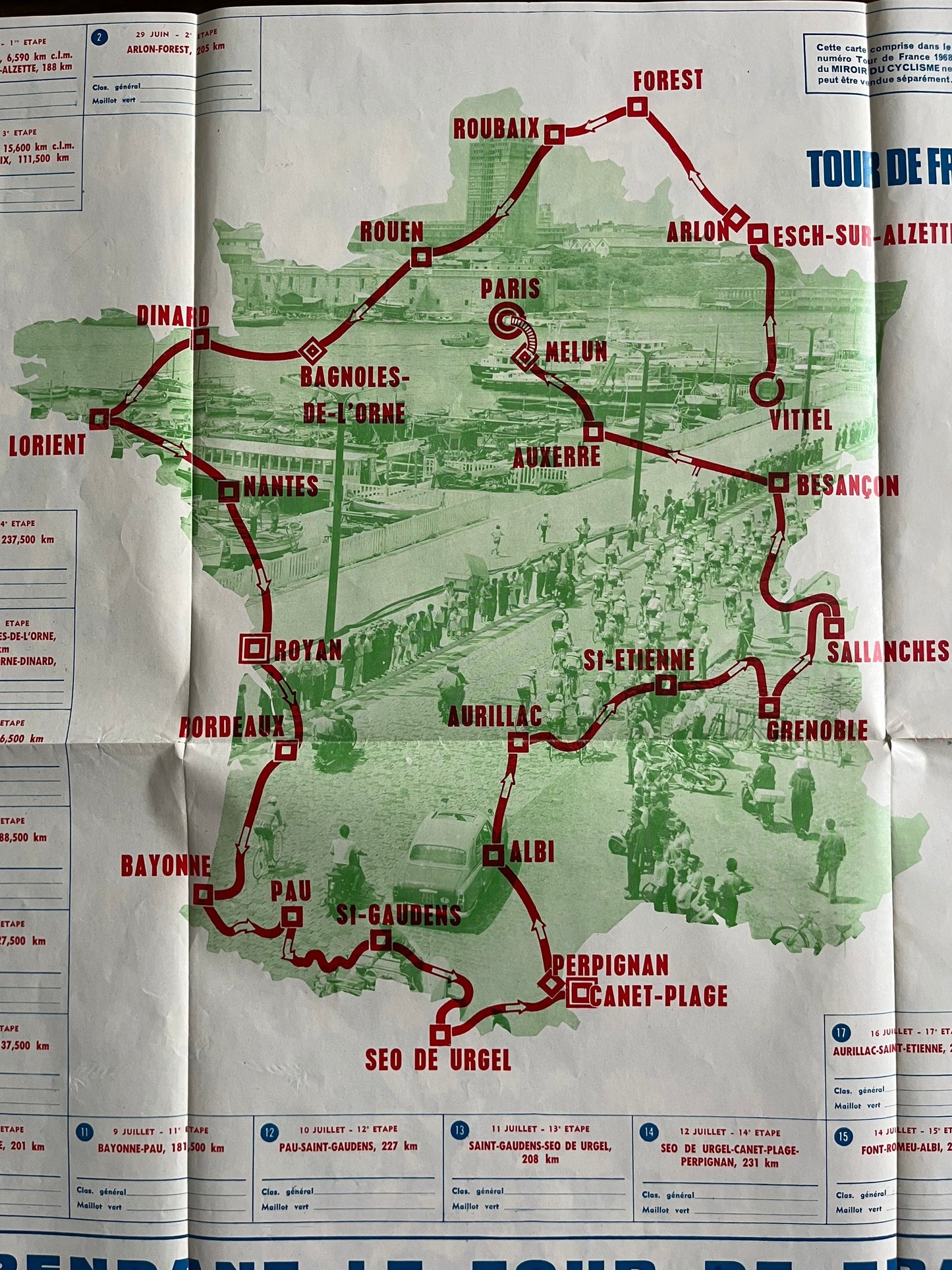 Vintage Cycling Print - Tour de France Route Map, 1968