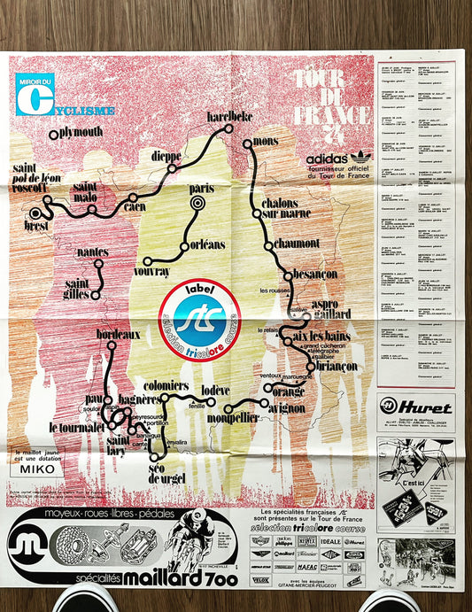 Vintage Cycling Print - Tour de France Route Map, Eddy Merckx era 1974