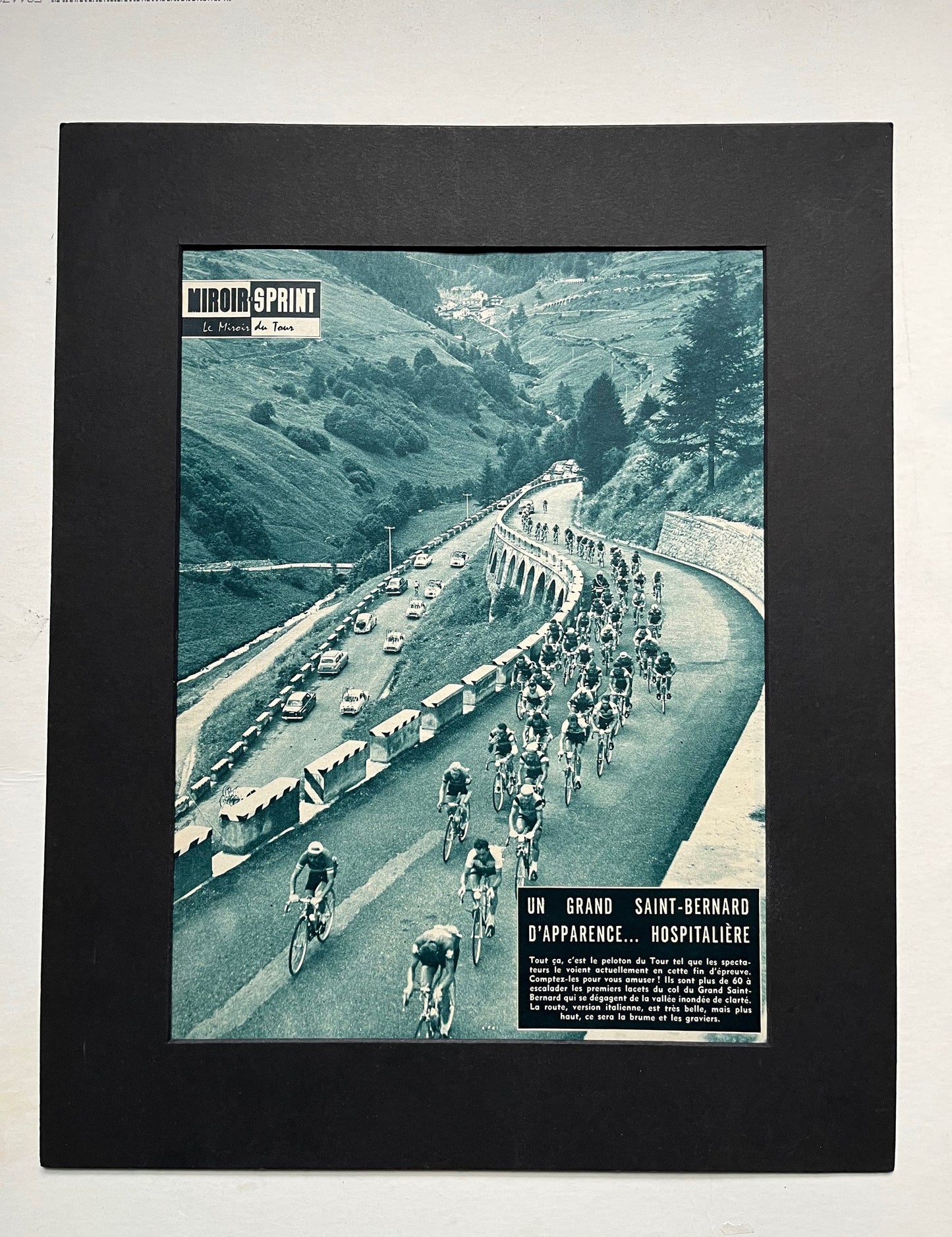 Vintage Cycling Print - Tour de France Peloton , Col Saint Bernard, 1958