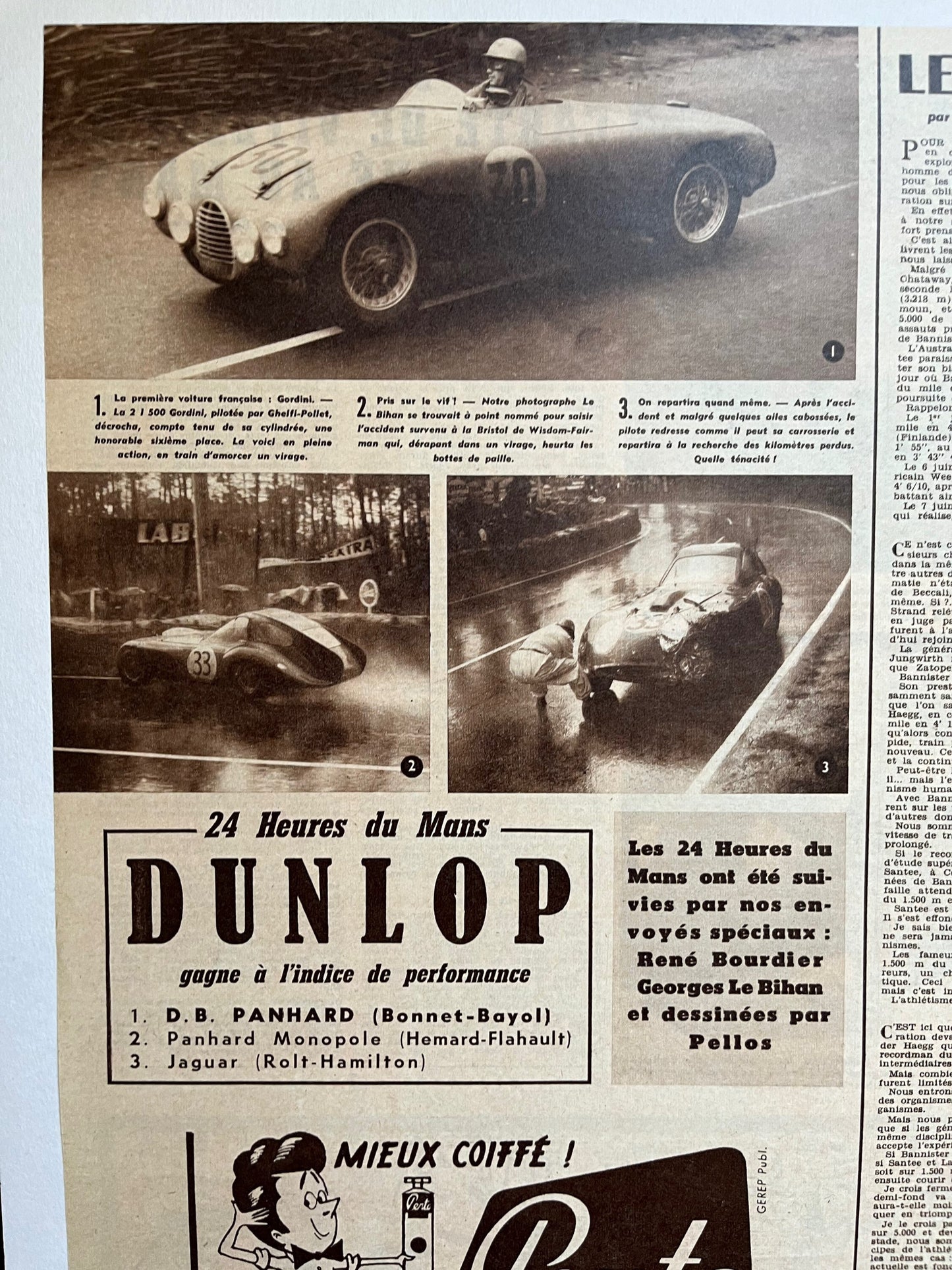 Vintage Magazine Print (French) - Jaguar D Type/Lotus, Le Mans 24h, Original 1955